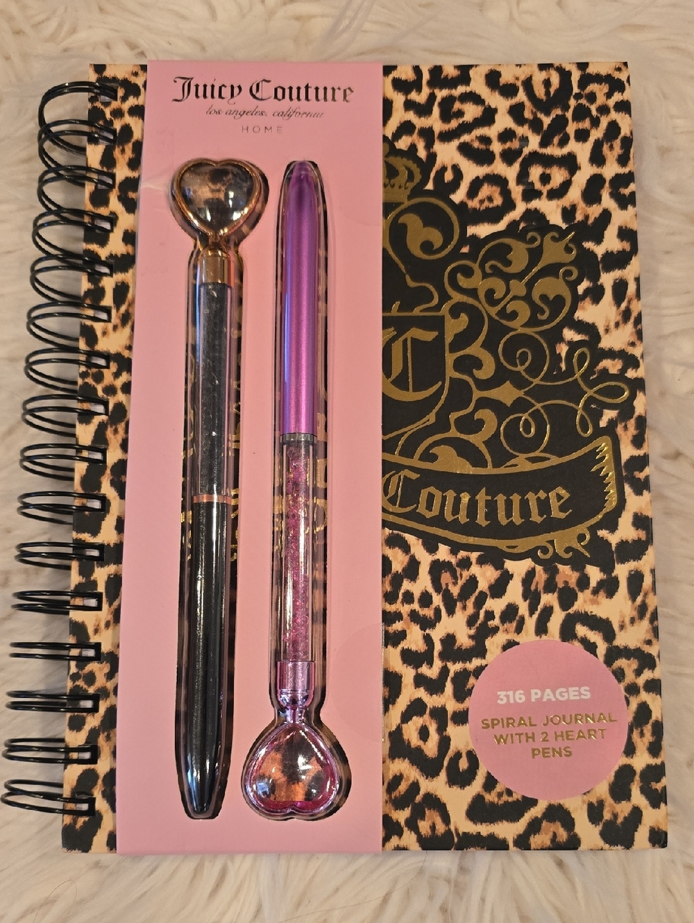 Juicy Couture Leopard Spiral Journal with Heart-Tip Pens in Pink, Black & Gold